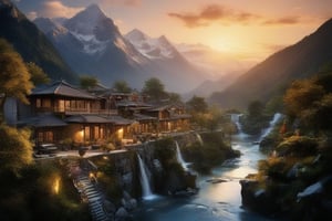 Captured from a low angle, this serene village nestles amidst spectacular waterfalls, its delicate lines and ornate details evoking progress and tranquility. The pristine natural backdrop creates a striking contrast with the highly technological architecture, where intricate details are highlighted by the warm glow of late evening sun setting over the mountains. vivid color, Enhanced Realistic