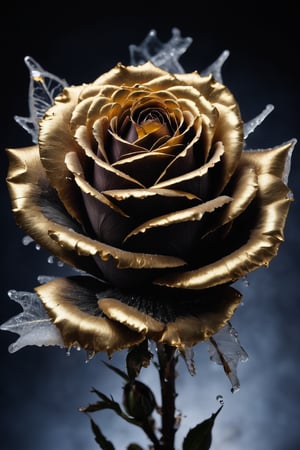 high speed photography, frozen in time, close up photo of a frozen rose the moment it's hit by a bullet and starts to shatter, partially shattered frozen rose, masterpiece, best quality, Gold Edged Black Rose, kirigami, shards