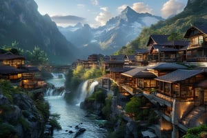 Captured from a low angle, this serene village nestles amidst spectacular waterfalls, its delicate lines and ornate details evoking progress and tranquility. The pristine natural backdrop creates a striking contrast with the highly technological architecture, where intricate details are highlighted by the warm glow of late evening sun setting over the mountains.