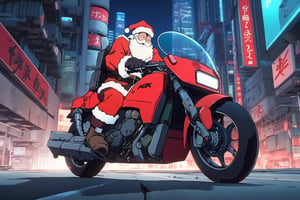 in the cyberpunk anime style of Akira, Santa Claus as a character in the anime Akira, riding the iconic futuristic motorcycle from Akira, chasing a group of masked gift thieves, epic scene, anime style, movie scene, 4k