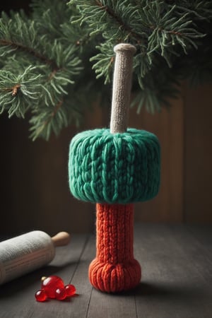 under the christmas tree a knitted hammer made of wool and nails made of jello inside a glass made of a newspaper, zwuul