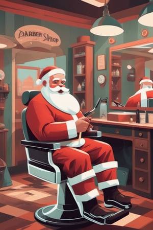 Santa in a classic barber shop getting his beard trimmed, artistic composition, masterpiece, Dave_Quiggle_Style,Flat Design