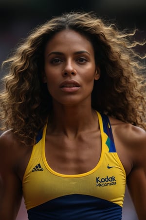 Generate an ultra-high-quality, sharp, extremely detailed RAW photo of a Venezuelan olympic sprinter with wavy and luscious hair. The image should emphasizes realism and attention to detail, focusing on the subtle nuances of the athlete's phisique in motion. The overall mood should be one of power, determination and speed. bokeh background, chiaroscuro, Kodak Gold 400 film, staircase, Low-key lighting Style