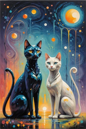 futuristic illustration, style of Robert Delaunay. A dreamlike scene unfolds: two fantastical cats, one statuesque with an elongated neck and gaze fixed on the viewer, its eyes aglow within a rounded visage. The smaller cat crouches below, gazing up at its companion. Both felines sport ceramic coats and lengthy tails amidst an earthy-toned backdrop, punctuated by splashes of vibrant color. A distant full moon hangs in the corner, bathing the atmosphere in an ethereal glow as thick mist swirls around the two cats. The ground glistens with recent rainfall. Brushstrokes and drips of paint dance across the canvas, imbuing the surreal scene with textured, whimsical charm. in the style of james gilleard, cinematic quality, Midjourney style