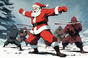 (cel-shading style:1.3), (tetradic colors), (ink lines:1.1), strong outlines, bold traces, flat colors, flat lights, gritty colors, a super determined Santa Claus in a fighting stance ready to execute a secret martial art technique to beat a group of masked gift thieves, ghibli