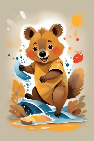 Illustration of a charming scene with a cute biomechanical quokka splashing paints all over the cosy art studio. capture the quokka's effusive happiness, looking at the camera. playful visual narrative. tshirt design,Cubist artwork,Flat Design