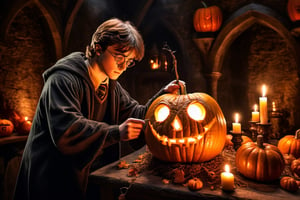 harry potter carving a glowing pumpkin, (small spiders), in a dark medieval castle, dimly lit, candlelight, moody, at night, depth of field, dark theme, night, soothing tones, muted colors, high contrast, hyperrealism, soft light