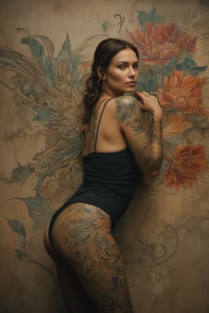 Photo of a woman in front of a wall. Her detailed tattoo appears to seamlessly continue onto the wall creating a fusion of art and environment.,photorealistic,more detail XL,Extremely Realistic