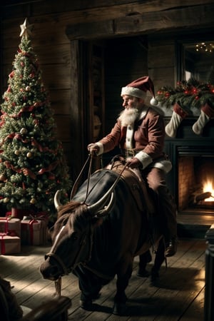 RAW photo, 8k UHD, highly detailed, ((Santa riding a mechanical bull)) in his cowboy style home, wild west saloon type christmas decorations, christmas tree with cowboy ornaments, fireplace, wild west vibe, nitricate 3D, cowboy shot, dynamic pose, wide angle photography, westworld,1,westworld,modelshoot style,realistic