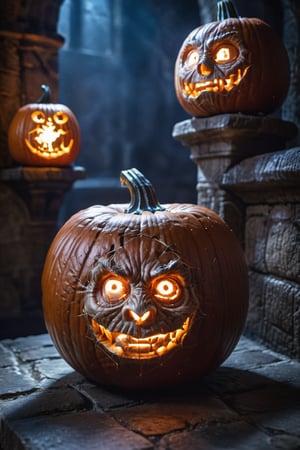 harry potter's face carved into a glowing pumpkin, spiders crawling out of the pumpkin, in a dark medieval castle, dimly lit, candlelight, moody, at night, lifestyle photography, depth of field, dark theme, night, soothing tones, muted colors, high contrast, hyperrealism, soft light, sharp), Cannon EOS 5D Mark III, 85mm
