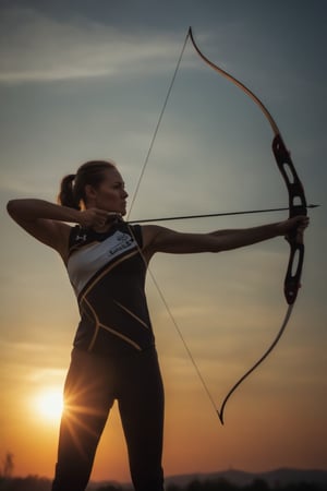 8k uhd, raw photo, sharp, extremely detailed sports portrait of an olympic archer wearing the national team uniform drawing a futuristic recurve bow. Focus on capturing the archers deep concentration and form as the late evening warm sunlight shining from behind the olympic athlete acts as a rimlight to separate her from the blurred stadium background with creamy bokeh. chiaroscuro, Kodak Gold 400 film, Low-key lighting Style