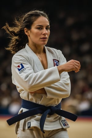 Compose an UHD, sharp, extremely detailed sidelit dynamic RAW photo of a female olympic judoka with dark hair that is wavy, luscious and silky. Emphasize attention to detail, focusing on subtleties of the athlete in motion. The hair shines in intricate detail to give the impression of softness and elegance contrasting the overall effect of the scene which is all about power and control. The timeless and unexpected beauty of the subject with mediterranean features is a mix of delicate features, warmth and unyielding determination as she chases the olympic medal. bokeh, sport venue background, chiaroscuro