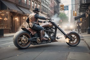 (best quality, highres, ultra high resolution, masterpiece, realistic, lifestyle photography, detailed photo, 8K wallpaper, intricate details, film grain), soft shadows, natural lighting, detailed background, ((headless horseman riding a steampunk vehicle on the streets of NYC at night, motorcycle)), steampunk style,Walz