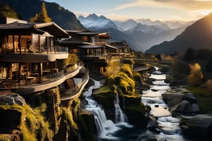 Low angle photo of an advanced mountain village surrounded by picturesque waterfalls. Delicate, and ornate lines that evoke a sense of progress and tranquility. Set in a pristine nature background that provides a striking contrast with highly technological architecture. The intricate details of the advanced architecture are highlighted by the warm light of the late evening sun setting over the mountains. vivid color