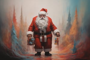 in a colorful surreal world a (scared Santa Claus), scared at the sight of all the unwanted gifts coming to life and returning to him as a huge surreal horde, abstract minimalism, leading lines, artistic composition, masterpiece, 8k uhd, in the style of esao andrews, James Gilleard, dripping paint