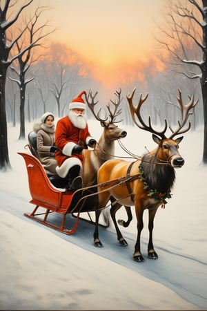 Santa Claus with his date on a romantic ride in his reindeer sleigh through Central Park in a snowy NYC. couple, Santa Claus with his girlfriend, romantic ride in the snow, sunrise, pastel warm colors, christmas, in the style of kazimir malevich, in the style of esao andrews, shards,esao andrews style