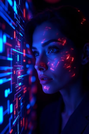 A mesmerizing close-up captures a futuristic mature woman's portrait amidst a kaleidoscope of neon geometric patterns, and sharp lines on a pitch-black background. Sharp focus highlights her enigmatic expression as vibrant hues radiate from the screen-like design, immersing the viewer in a world of high-tech wonder. Crisp 4K details, shallow depth-of-field, every intricate feature is rendered in stunning clarity. reduces reflections and enhances the subtle interplay of light on reflective surfaces, with a high degree of clarity and depth, Natural detailled skin, natural lighting, soft film grain