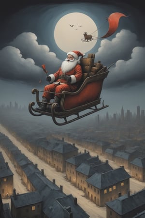 Santa Claus in his sleigh flying high above a city below him, at night, leading lines, artistic composition, masterpiece, 8k uhd, in the style of kazimir malevich, in the style of esao andrews,Comic Book-Style 2d