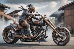 (best quality, highres, ultra high resolution, masterpiece, realistic, lifestyle photography, detailed photo, 8K wallpaper, intricate details, film grain), soft shadows, natural lighting, detailed background, ((headless horseman riding a steampunk vehicle, motorcycle)), steampunk style,Walz