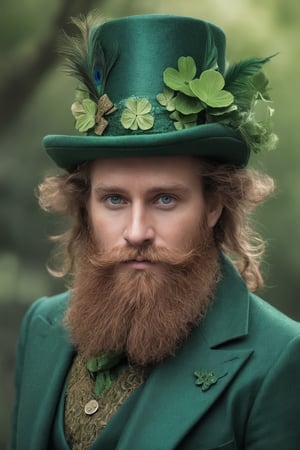 masterpiece, best quality, high resolution, 8k uhd, 35 years old leprechaun, voluminous sculptured hair and intricately designed beard, sharp detailed eyes, dynamic pose, green dress made with green peacock feathers, showered with four leaf clovers, blurred bokeh background, mesmerizing and visually stunning geometric artwork, intricate details, vibrant colors.
