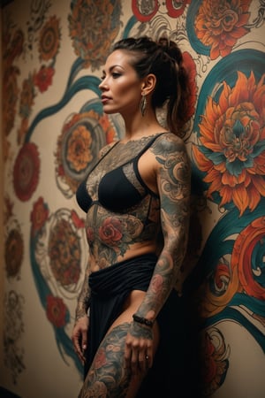 Photo of a woman in front of a wall. Her detailed tattoo appears to seamlessly continue onto the wall creating a fusion of art and environment. cinematic style