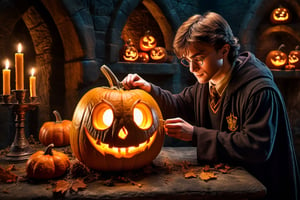 harry potter carving a glowing pumpkin, (small spiders crawling) out of the pumpkin, in a dark medieval castle, dimly lit, candlelight, moody, at night, depth of field, dark theme, night, soothing tones, muted colors, high contrast, hyperrealism, soft light