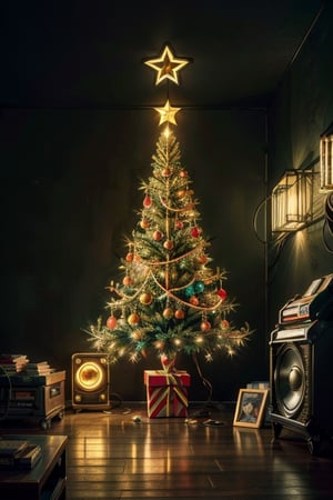 Santa's 80s house, a big living room decorated with a neon sign christmas tree, retro boombox, stack of audio cassettes, nostalgic retro 80s interior design, neon light,neon light