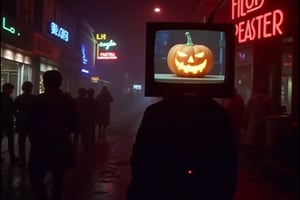 80s aesthetique, 80s vibe, a man with a cathode TV for a head, the TV displays a pumpkin head, queuing in front of a nightclub, neon lights reflecting in the wet street. 90s vhs footage, vintage style