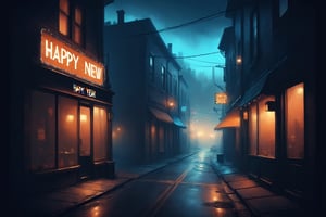 masterpiece, hazy teal orange foggy night sky, (silhouette), atmospheric, urban scene in a small town, new year after party theme, best quality, dark side alley, neon shop sign with the text (((happy new year 2024))), text