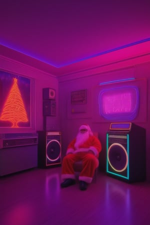 (Santa Claus) chilling in his batchelor pad from the 1980s, neon christmas decorations, a single neon light in the shape of a christmas tree on the wall, oversized retro boombox with stacks of cassette tapes along one wall, retro arcade game cabinets along the other wall, 16K, neon photography style,<lora:659095807385103906:1.0>