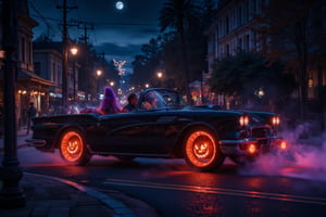 In an action fueled scene a sleek dark 60s convertible glides down a moonlit street, its exterior adorned with vibrant orange and purple accents for Halloween. The car's wheel covers feature glowing jack-o'-lantern faces, their mischievous grins flickering with an eerie light that dances across the pavement. Wisps of fog curl around the tires, illuminated by the soft glow of streetlamps casting a warm, inviting light against the cool night air. The atmosphere is alive with the sounds of laughter and distant music from the party ahead, creating a magical blend of Halloween spirit and fairy tale charm. Midjourney_Whisper