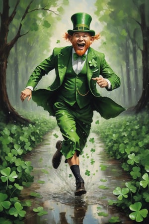 oil painting of an elegant leprechaun frantically running away from (a group of anthropomorphic four leaf clovers), stylish yet torn clothes, strength, determination, reflecting puddles, forest background, natural light, chiaroscuro, dripping paint, Digital painting, art by sargent