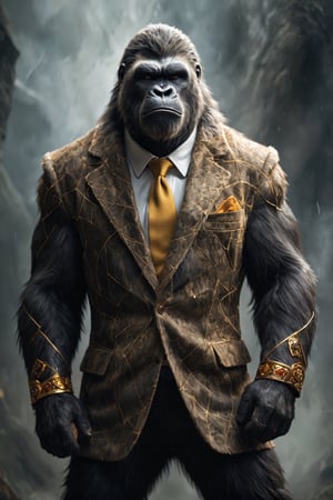 (rich fuzzy fur:1.2), full body portrait of a dashing and dapper King Kong, powerful figure, the animal king radiates strength and determination. his beastly features exhibit an intimidating yet trustworthy appearance. his eyes glimmer with the colors of an active volcano. dataviz patterns in shades of earth and gold decorate his coat, perfect eyes, looking at the camera, perfect anatomy, artistic composition, best quality, (((masterpiece))), high quality, best details, realistic skin texture, Sony A7R IV, Sony FE 50mm f/1.2 GM, warm natural light, dataviz style