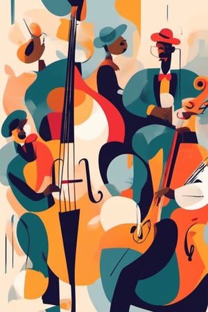 abstract minimalism, graphic design, a jazz band performing in a small club celebrating the new year, bold flat colors and shapes, expressive geometric art, artistic composition, clean lines, ink,Flat Design
