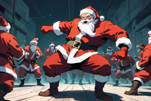 (cel-shading style:1.3), (tetradic colors), (ink lines:1.1), strong outlines, bold traces, flat colors, flat lights, gritty colors, a super determined Santa Claus in a fighting stance ready to execute a secret martial art technique to beat a group of masked gift thieves