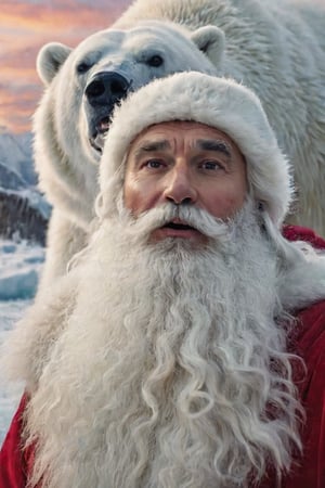 Santa Claus with a ((puzzled face expression:1.5)) preparing for a selfie with a majestic polar bear, 8k UHD, raw photo, highly detailed, rich and warm color scheme, flowing hair, thick beard, artistic portrait, smooth, perfect composition, at sunrise, winter landscape background, cinematic  moviemaker style