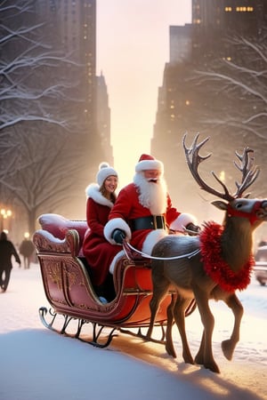 Santa Claus takes his date on a romantic ride in his reindeer sleigh through Central Park in a snowy NYC. couple, Santa Claus with his girlfriend, romantic ride in the snow, sunrise, pastel warm colors, christmas, reindeer_sleigh