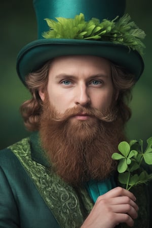 masterpiece, best quality, high resolution, 8k uhd, 35 years old leprechaun, voluminous sculptured hair and intricately designed beard, sharp detailed eyes, dynamic pose, green dress made with green peacock feathers, showered with four leaf clovers, blurred bokeh background, mesmerizing and visually stunning geometric artwork, intricate details, vibrant colors.