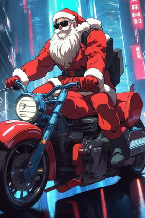 in the cyberpunk anime style of Akira, Santa Claus as a character in the anime Akira, riding the iconic futuristic motorcycle from Akira, chasing a group of masked gift thieves, epic scene, anime style, movie scene, 4k