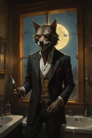 a dapper werewolf is standing in his halloween decorated bathroom with the midnight moon shining through the window as the only lightsource. we see him shaving his distinct face, half of it still with thick fur, the other half clean shaven. digital painting, in the style of esao andrews