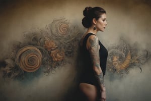Photo of a woman in front of a wall. Her detailed tattoo appears to seamlessly continue onto the wall creating a fusion of art and environment. More Reasonable Details