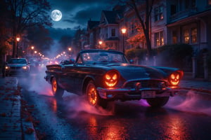 In an action fueled scene a sleek dark 60s convertible glides down a moonlit street, its exterior adorned with vibrant orange and purple accents for Halloween. The car's wheel covers feature glowing jack-o'-lantern faces, their mischievous grins flickering with an eerie light that dances across the pavement. Wisps of fog curl around the tires, illuminated by the soft glow of streetlamps casting a warm, inviting light against the cool night air. The atmosphere is alive with the sounds of laughter and distant music from the party ahead, creating a magical blend of Halloween spirit and fairy tale charm. Midjourney_Whisper