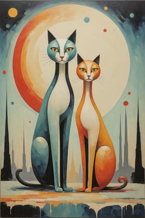 futuristic illustration, style of Robert Delaunay. A dreamlike scene unfolds: two fantastical cats, one statuesque with an elongated neck and gaze fixed on the viewer, its eyes aglow within a rounded visage. The smaller cat crouches below, gazing up at its companion. Both felines sport ceramic coats and lengthy tails amidst an earthy-toned backdrop, punctuated by splashes of vibrant color. A distant full moon hangs in the corner, bathing the atmosphere in an ethereal glow as thick mist swirls around the two cats. The ground glistens with recent rainfall. Brushstrokes and drips of paint dance across the canvas, imbuing the surreal scene with textured, whimsical charm. in the style of james gilleard, in the style of kazimir malevich