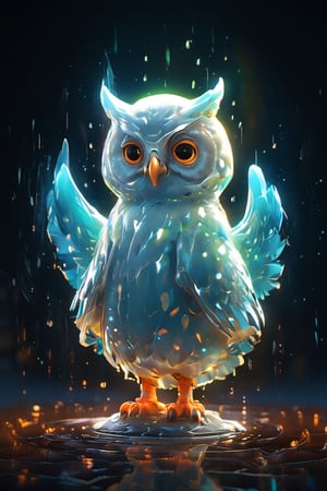 cute owl ghost flapping his wings to sprinkle water in the washroom, 3d octane render, subsurface scattering, 3d detailed animation, translucent, bioluminescent, masterpiece, bokeh, mysterious,Renaissance Sci-Fi Fantasy