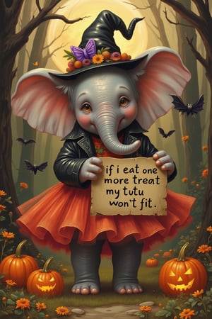 a halloween scene with an elephant wearing a tutu holding a sign that says "if i eat one more treat my tutu won't fit". Pixomeda style