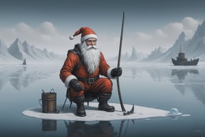 A realistic depiction of a cyberpunk Santa Claus with biomechanical enhancements ice fishing on a frozen lake at the North Pole. The cutting edge Santa embodies the perfect mix of advanced technology and Christmas aesthetics.

Santa is cutting a hole in the ice, set against a desolate Arctic backdrop. artistic composition, masterpiece, 8k uhd, in the style of kazimir malevich, in the style of esao andrews, Comic Book-Style 2d