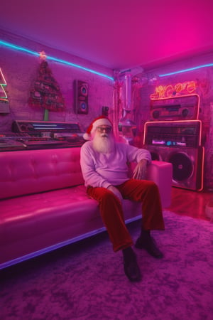 (Santa Claus) chilling on the couch in his batchelor pad from the 1980s, a single neon light in the shape of a christmas tree on the wall, oversized retro boombox with stacks of cassette tapes and retro arcade game cabinets,  neon christmas decorations, 16K, neon photography style