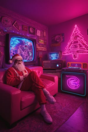 (Santa Claus) chilling on the couch in his batchelor pad from the 1980s, a single neon light in the shape of a christmas tree on the wall, oversized retro boombox with stacks of cassette tapes and retro arcade game cabinets,  neon christmas decorations, 16K, neon photography style