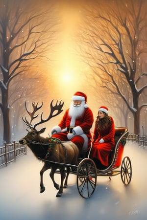 Santa Claus with his date on a romantic ride in his reindeer sleigh through Central Park in a snowy NYC. couple, Santa Claus with his girlfriend, romantic ride in the snow, sunrise, pastel warm colors, christmas, in the style of esao andrews,Science couple ,ral-chrcrts
