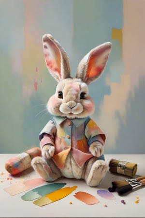 At the center of a charming studio stands a petite, wide-eyed bunny, its fur a patchwork of gentle pastels, each shade echoing the colors of the scattered paints. A painter's smock drapes over its form, adorned with splotches of vibrant pigments. Delicately, the bunny dips its brush into a palette of vivid hues, its fluffy tail swaying with each stroke. The canvas before it is a burst of lively chaos, a testament to the bunny's artistic fervor. The room exudes a serene ambiance, a sanctuary where creativity thrives, encapsulated in the bunny's earnest endeavor.